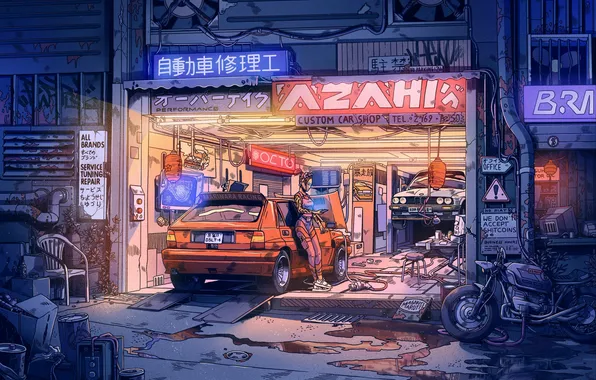 Picture night, figure, garage, anime, car, repair, neon sign