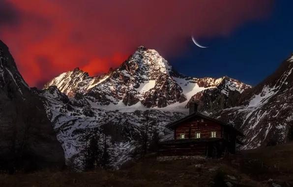 Moon, Sky, Mountain, Austria, View, Peak