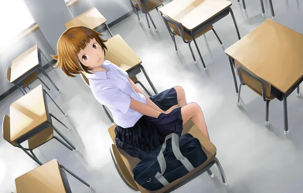 Look, girl, smile, class, bag, sitting, art, desks