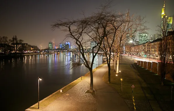 Road, water, trees, life, lights, Strait, wall, Marina