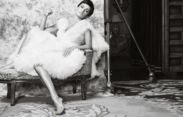 Model, dress, actress, brunette, black and white, in white, photoshoot, Penelope Cruz