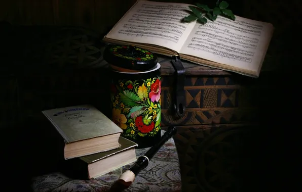 Style, retro, notes, the dark background, books, Bank, chest, still life