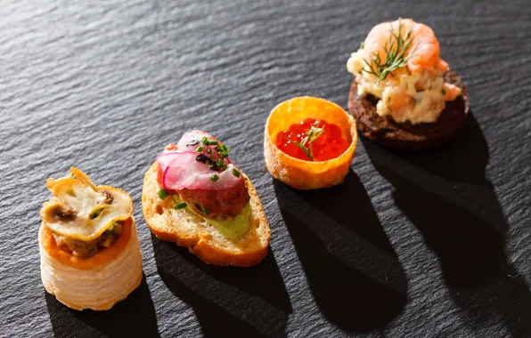 Light, shadow, blur, bread, caviar, bacon, seafood, sandwiches