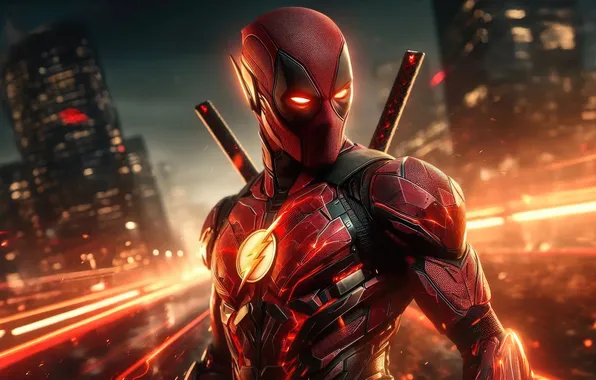 Skyscrapers, mask, night city, Deadpool, katana, tight suit