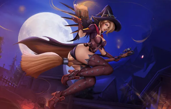 Girl, Ass, Chest, Night, The moon, Blonde, Wings, Halloween