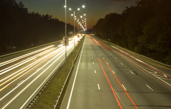 Road, the sky, landscape, night, the city, photo, background, lamp