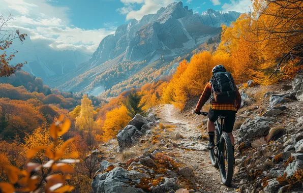 Autumn, forest, the sky, clouds, mountains, bike, blue, stones