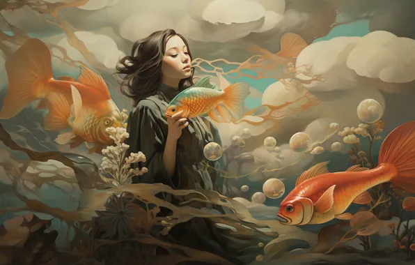 Girl, fish, Asian, digital painting, digital art, AI art, neural network, the art of artificial …