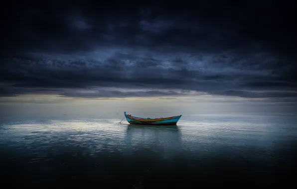 Sea, clouds, boat, storm, horizon, gray clouds