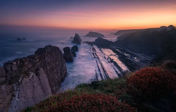 Sea, sunset, rocks, shore