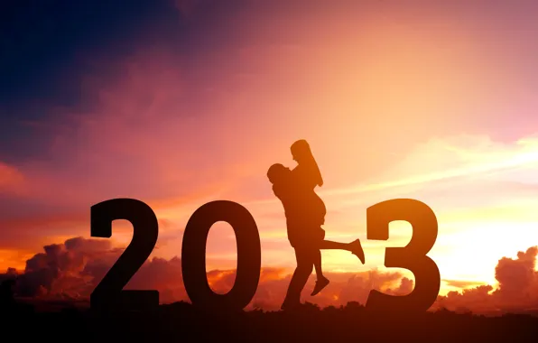 Picture The sky, Love, New Year, Pair, Two, Male, Silhouettes, Woman