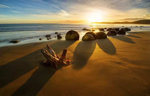 Sunrise, stones, the ocean, coast, New Zealand, New Zealand