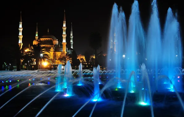 Night, lights, fountain, mosque, Istanbul, Turkey, the minaret, Sofia