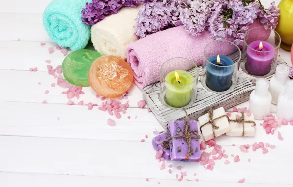 Picture flowers, candles, petals, spa, lilac