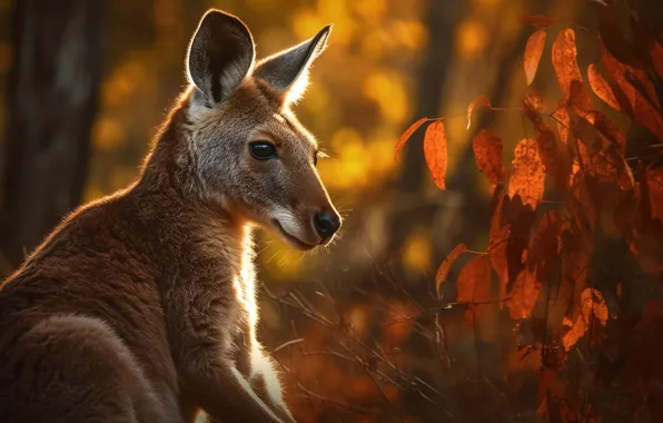Autumn, face, light, branches, foliage, portrait, kangaroo, cub