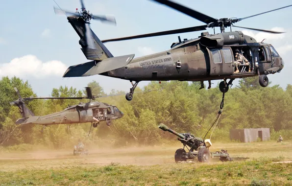 Picture New York, group, exercises, UH-60 Black Hawk, helicopters, howitzer, assault, Fort Drum