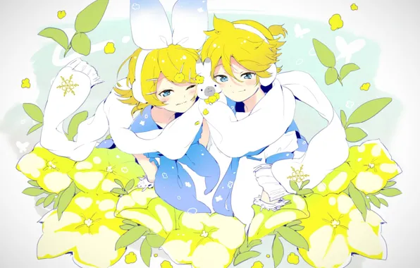 Boy, scarf, rabbit, girl, Kagamine Rin, Kagamine Len, Vocaloids
