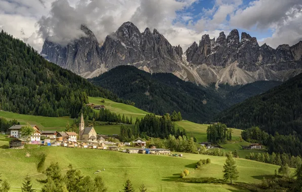 Forest, mountains, Alps, Church, houses