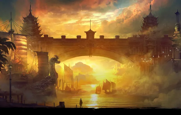 Sunset, bridge, ships, Blade & Soul