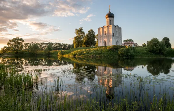 Picture summer, landscape, sunset, nature, river, Church, temple, grass