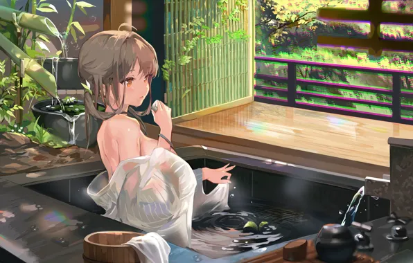 Japan, girl, in the bath, to clean, sideways, bamboo branches, by RainCsh