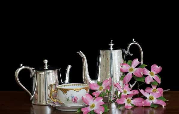 Flowers, kettle, Cup, still life, teapot, dogwood, tea set