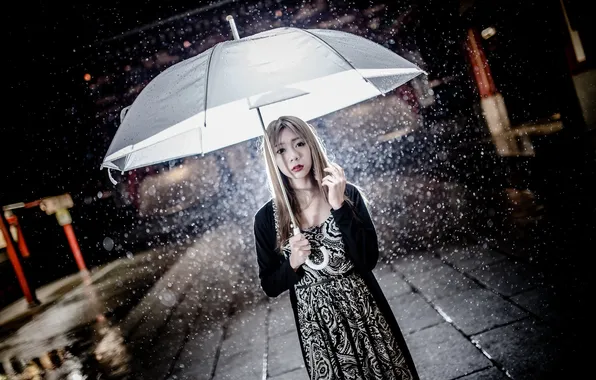 Girl, rain, umbrella, Asian