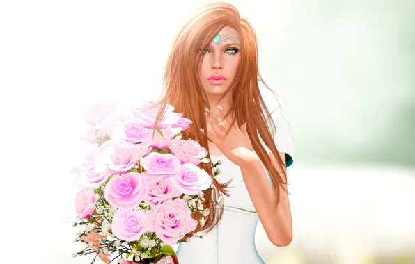 Look, girl, flowers, face, rendering, hair
