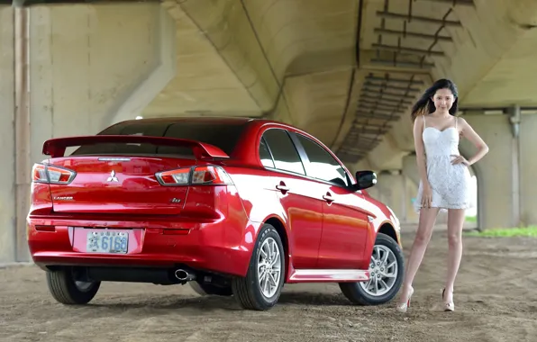 Look, Girls, Mitsubishi, Asian, beautiful girl, red car, posing on the car