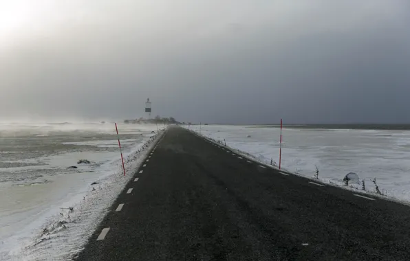 Road, sea, fog, lighthouse