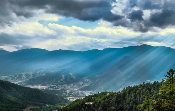 Picture forest, clouds, rays, mountains, clouds, valley, slope, hloly