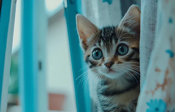 Cat, look, pose, kitty, grey, window, curtains, blue eyes