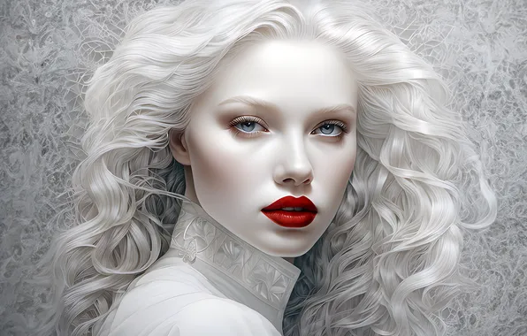 Look, girl, blonde, painting, white hair, red lipstick, albino, imitation