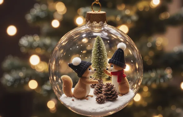 Snow, lights, transparent, the dark background, glass, ball, animals, Christmas