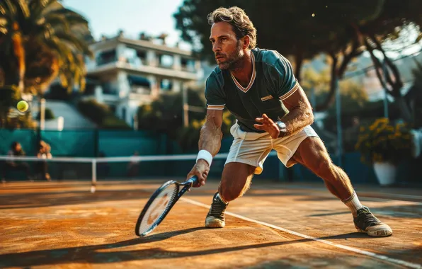 The ball, Sport, Court, Male, Tennis, Racket, Digital art, AI art