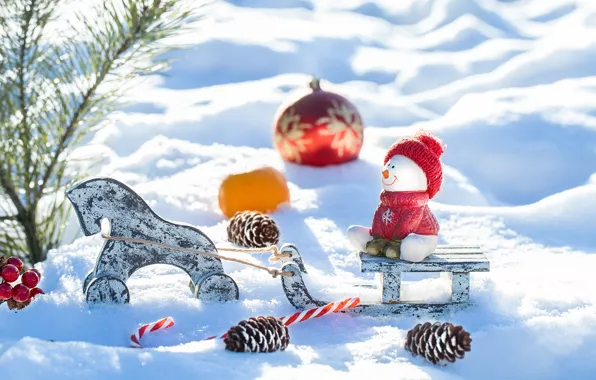 Snow, decoration, toys, New Year, Christmas, snowman, christmas, wood