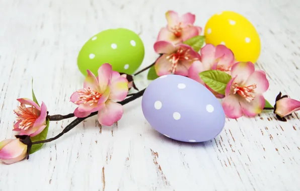 Picture flowers, eggs, colorful, Easter, happy, wood, pink, blossom