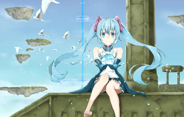 The sky, girl, birds, smile, magic, anime, art, vocaloid