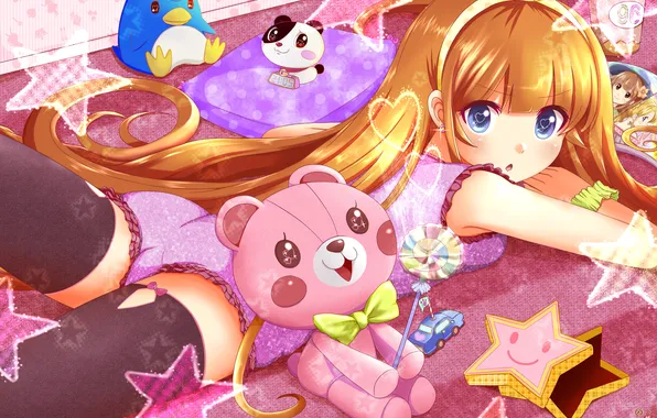 Picture girl, toys, dog, anime, art, bear, sweets, penguin