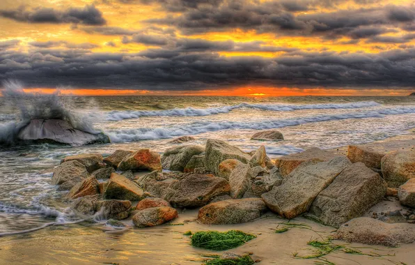 Sea, wave, the sky, clouds, stones, shore, glow