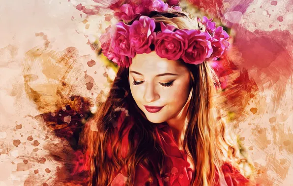 Picture girl, flowers, face, style, paint, portrait, roses, treatment