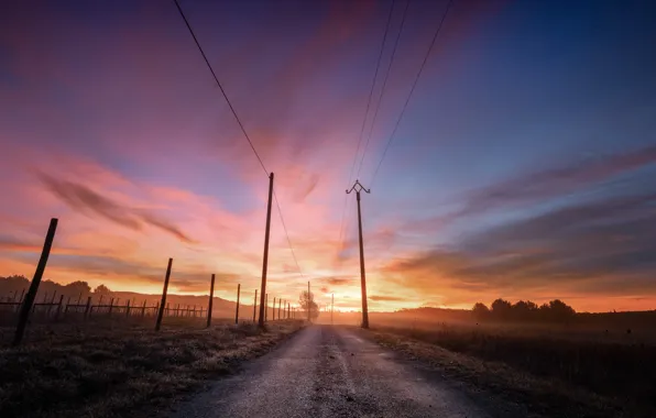 Road, sunset, power lines