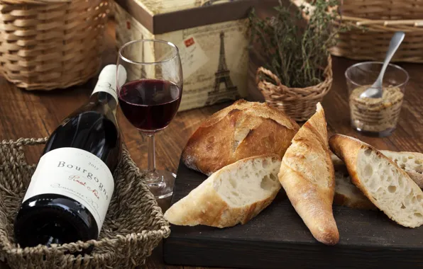 Wine, glass, bread, baguette