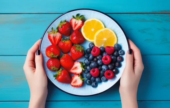 Berries, raspberry, Board, oranges, hands, blueberries, strawberry, plate
