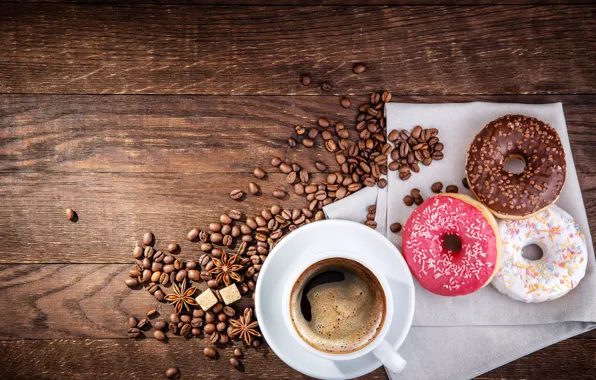 Picture coffee, donuts, coffee beans, glaze, Anis