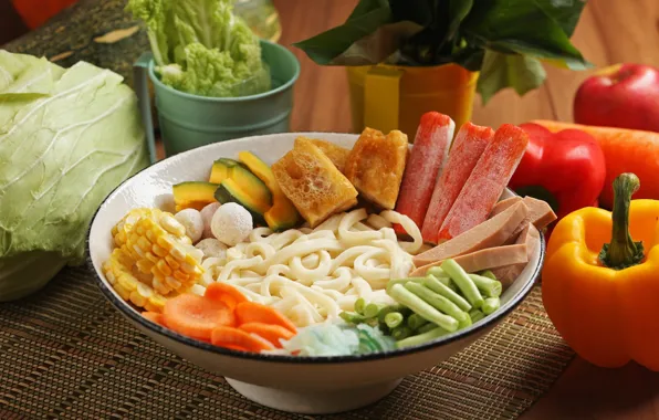 Vegetables, dish, noodles, crab sticks