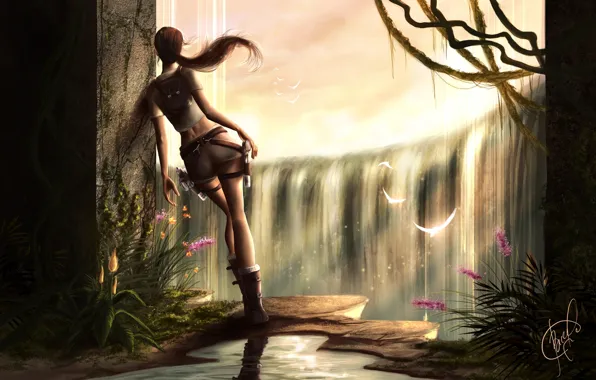 Picture girl, light, birds, wall, waterfall, plants, opening, Tomb Raider