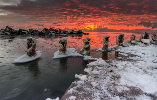 Winter, sea, sunset