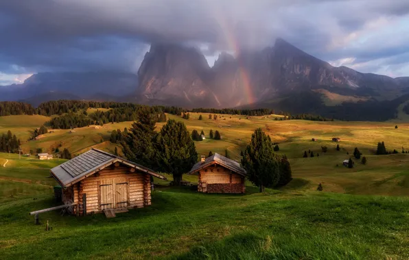 Mountains, field, Alps, houses