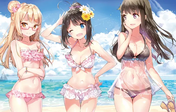 Picture girl, sexy, cleavage, beach, long hair, sea, boobs, anime